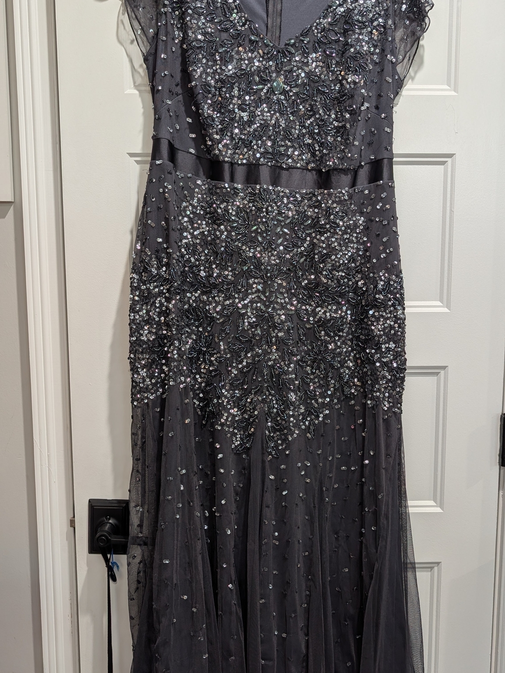 Adrianna Papell Beaded Charcoal Gray Asymmetrical Evening Gown
